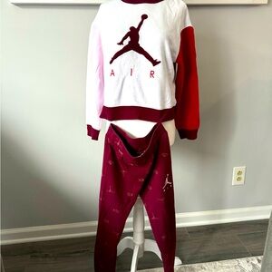Air Jordan sweatshirt and leggings outfit, colors are maroon white and pink.